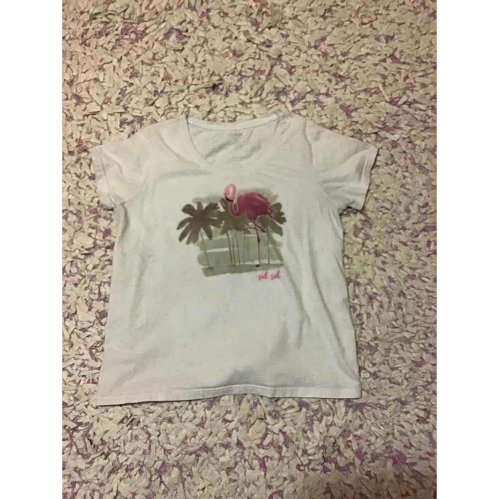 Del Sol White Pink Flamingo Palm Tree Short Sleeve Tee 1X “COLOR CHANGING”